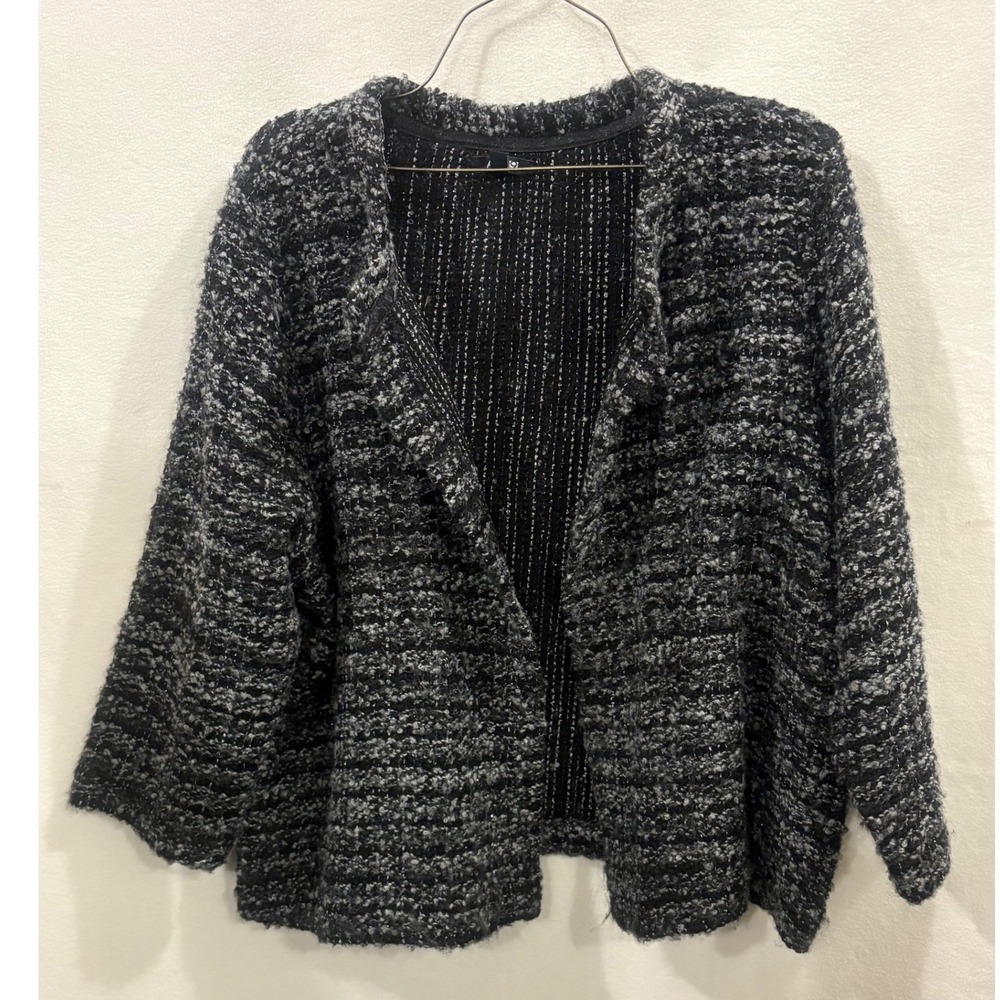 Apt 9 Womens 1X Black White Textured Boucle Open Front Cardigan Sweater Jacket